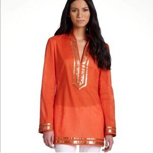 TORY BURCH Orange Tunic Gold Sequins V-Neck Resort wear